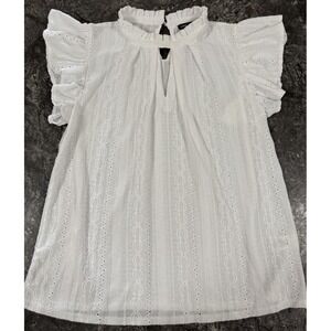 Cable and Gauge Womens Eyelet Flutter Sleeve Keyhole Ruffle Neck Top White Sz L
